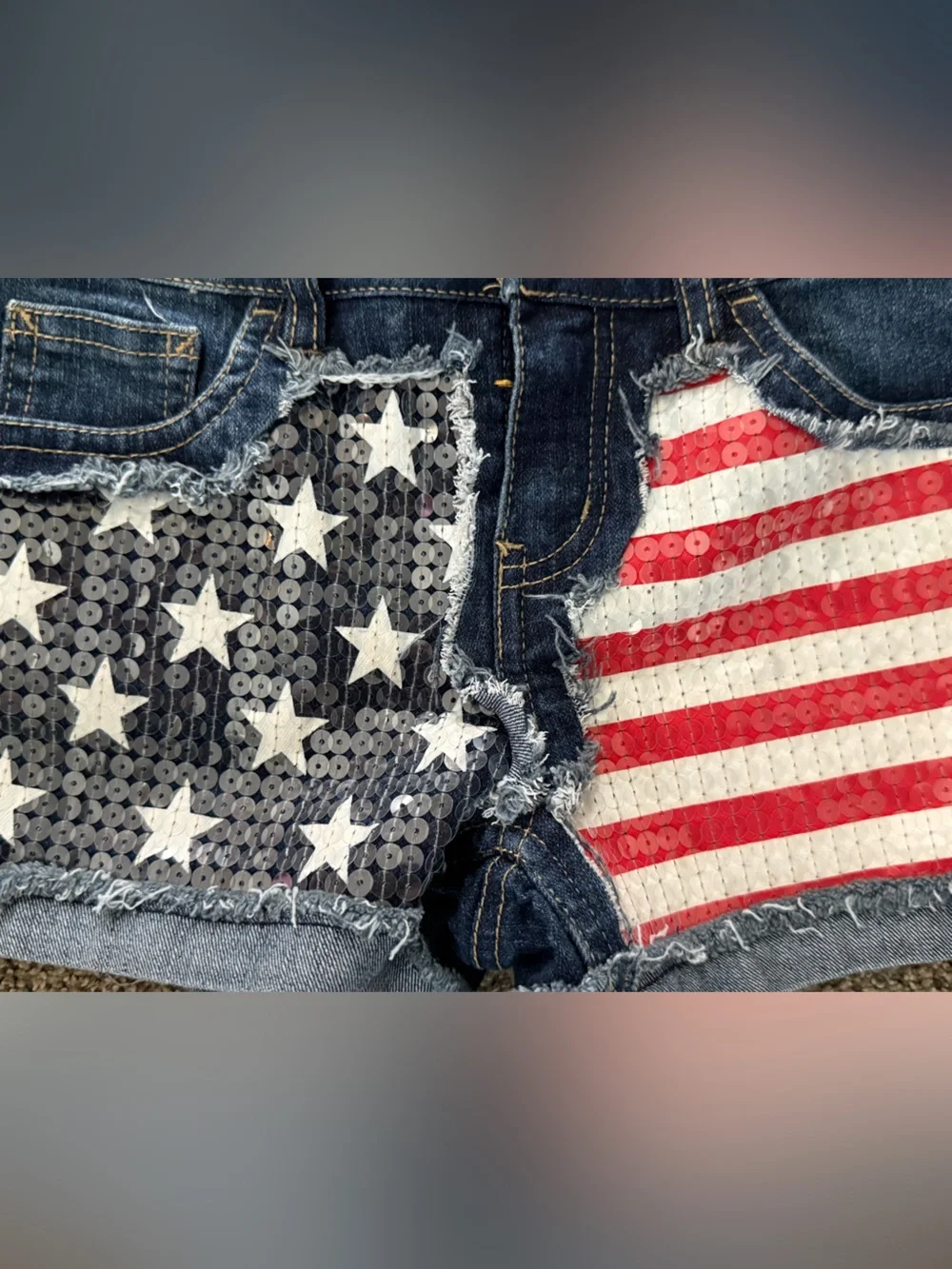 Girls sequin American flag Justice denim shorts dark denim size 10